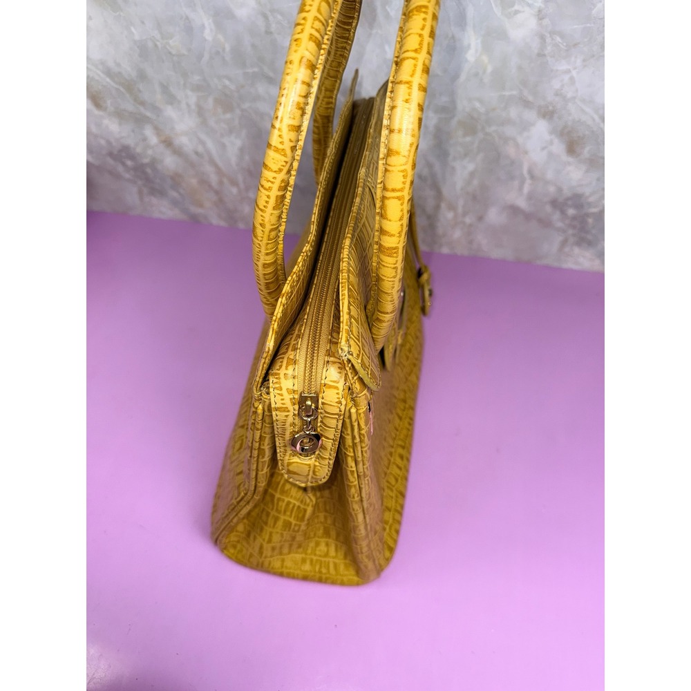Da Milano Yellow Croc Embossed Genuine Leather Top Handle Satchel Y2K Mobwife - Picture 7 of 11